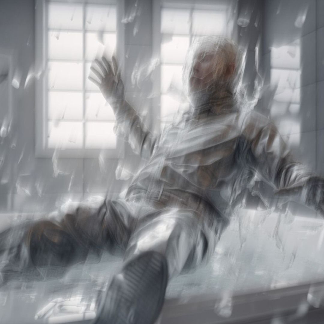 AI-generated picture of a man dressed in laboraty-like white clothing fall with his arms open and glass shards flying around in a surreal bright space